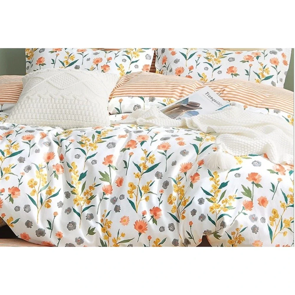 Estella Orange Floral 100% Cotton Reversible Comforter‎ Set Twin Farmhouse Boho